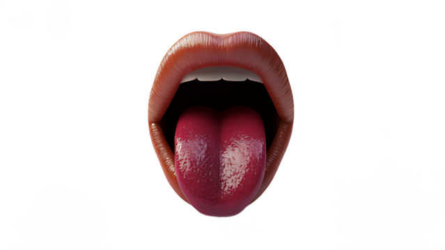 Mouth open with lipstick on lips showing white teeth and red tongue PNG