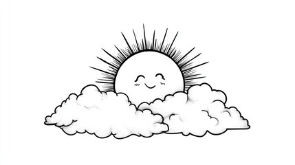 Fototapeta premium Cute sun peeking from behind clouds