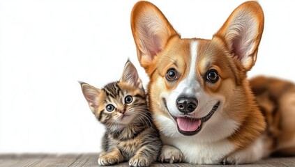 Close-up of a happy corgi dog and a curious tabby kitten lying side by side on a wooden surface with a white background