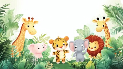 Naklejka premium Adorable cartoon animals standing in a lush green jungle environment