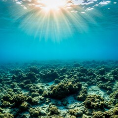 Obraz premium This underwater scene captures sunbeams penetrating the clear blue ocean, illuminating a textured seabed covered in various coral formations. 
