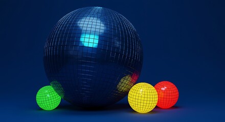 A large disco ball is surrounded by smaller glowing spheres