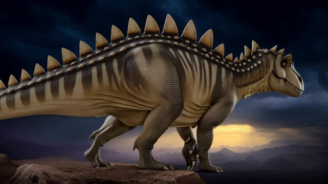 Spiked Dinosaur with Striped Pattern Roams Rocky Terrain Under Dramatic Sky, Evoking Prehistoric Majesty and Ancient Atmosphere