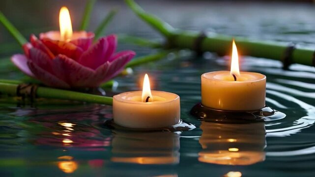 Aromatic candles over water with flowers and bamboo. Spa and relaxation concept. created with generative ai