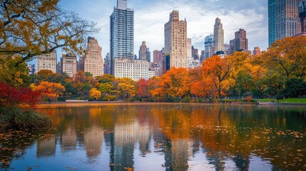 Obraz premium Autumnal cityscape reflected in park pond.