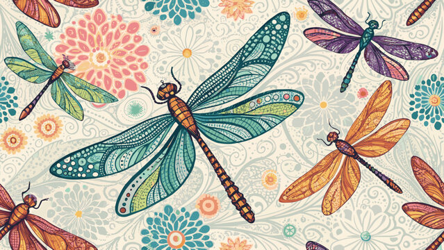 Vector illustration seamless pattern colorful dragonfly pattern.