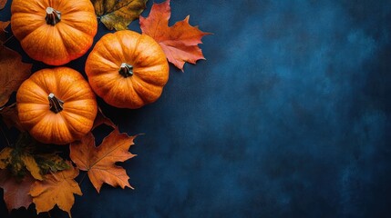 Three small orange pumpkins resting on a surface decorated with autumn maple leaves in warm fall colors against a dark textured blue background evoking a cozy seasonal mood