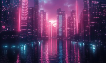 Obraz premium Futuristic cityscape at dusk with neon pink and blue lights reflecting on calm water between tall skyscrapers under a cloudy sky