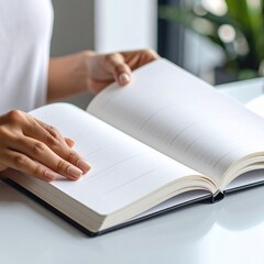 Woman's hands gently hold and read a large open book, pages displaying clean, uncluttered text.