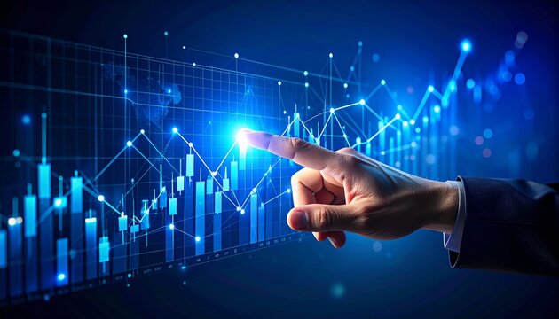 Businessman hand pointing finger to growth success finance business chart of metaverse technology financial graph investment diagram on analysis stock market background with digital economy exchange.