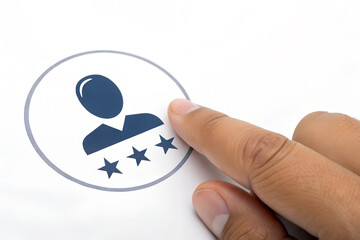 Finger Pressing User Profile Icon with Stars on White Background – Customer Reviews, Online Ratings, Feedback, Satisfaction, and Reputation Management Concept