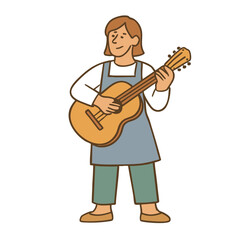 Person playing guitar, wearing apron, smiling happily