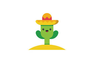 Vector Kawaii Sombrero On Cactus Illustration Style