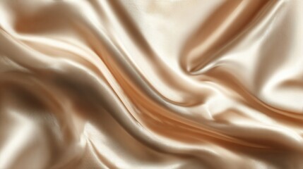 Fototapeta premium Close-up of draped, light beige satin fabric showing soft, flowing folds and subtle highlights. The texture is smooth and luxurious with a gentle sheen
