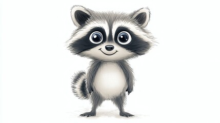Fototapeta premium A smiling cartoon raccoon stands on a white background confidently