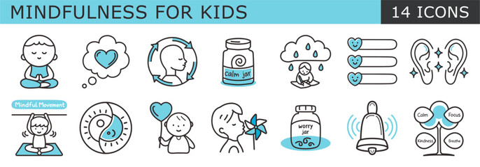 A set of 14 outline icons for Mindfulness for Kids, showing meditation, emotional awareness, and sensory focus. Ideal for activity books, classroom visuals, and parenting guides