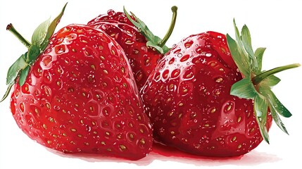 Trio of vivid, ripe red strawberries with green stems on a bright white surface