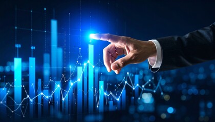Businessman hand pointing finger to growth success finance business chart of metaverse technology financial graph investment diagram on analysis stock market background with digital economy exchange.
