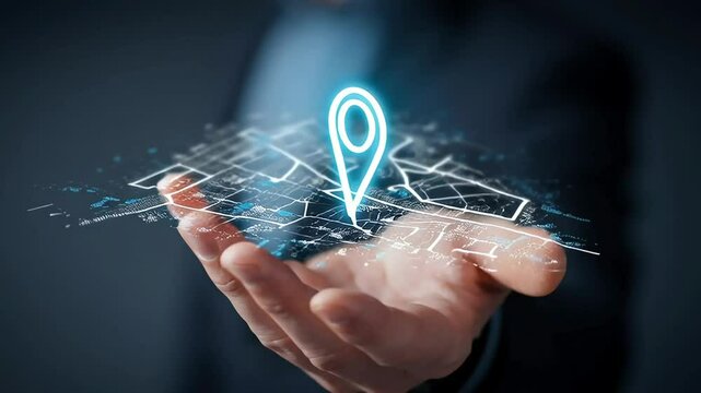 Hand Holding Digital Map Pointer with Location and Navigation Elements with ai generated