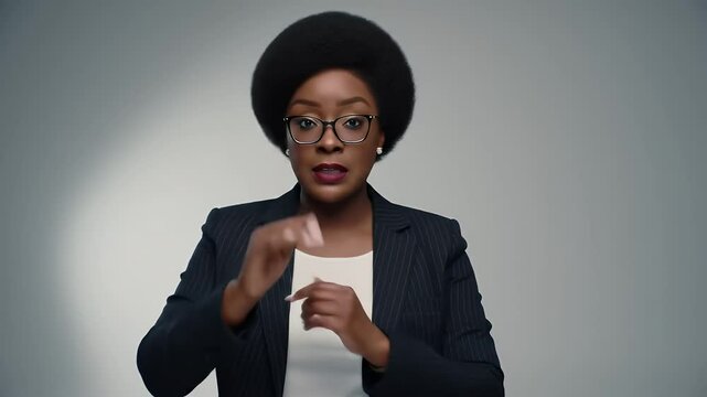 African American Woman Communicating Through Sign Language Wearing Black Blazer and Eyeglasses Against a Light Gray Background in Studio Lighting