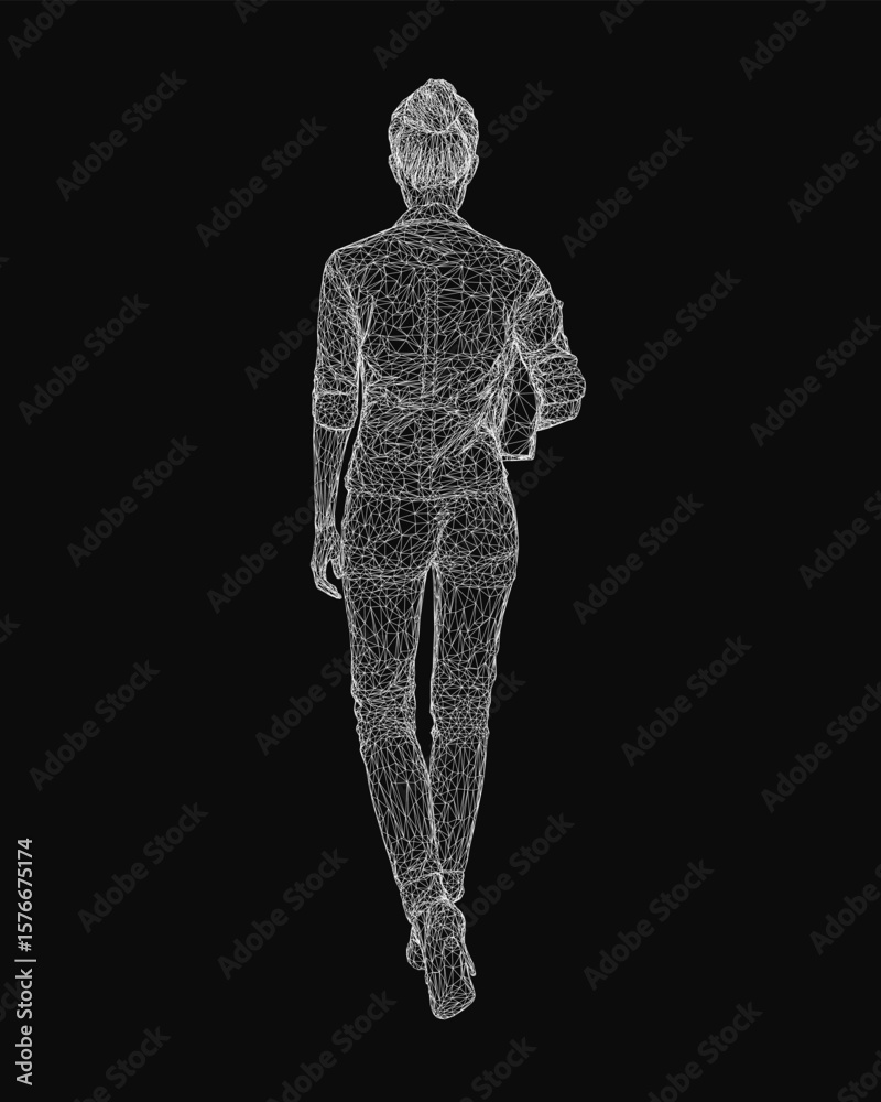 Fototapete A wireframe man runs dynamically on a black background, rendered in a low polygonal style. The intricate geometric design highlights movement and form. The minimalist aesthetic creates a modern.
