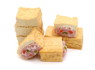Tofu in white plate isolated on white background 