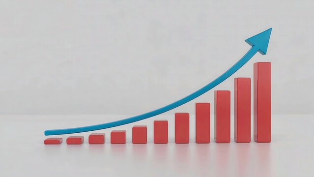 A red bar graph with a blue arrow curving upwards indicating growth on a white background surface