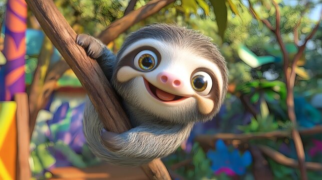 A smiling animated sloth clinging to a tree branch appears happy - Powered by Adobe