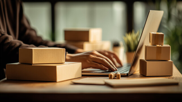 Small Business E Commerce Entrepreneur Preparing Orders Online with Cardboard Boxes and Laptop Workspace
