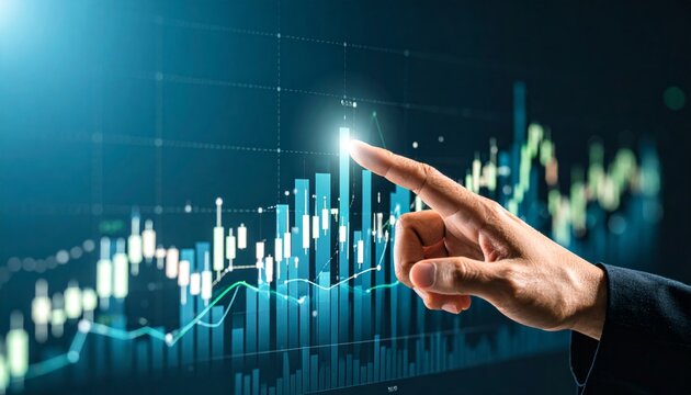 Businessman hand pointing finger to growth success finance business chart of metaverse technology financial graph investment diagram on analysis stock market background with digital economy exchange.