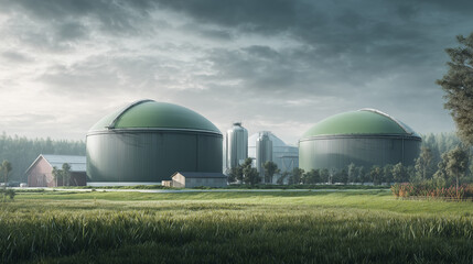 Renewable energy production action at biogas plant rural landscape industrial photography natural environment wide-angle view