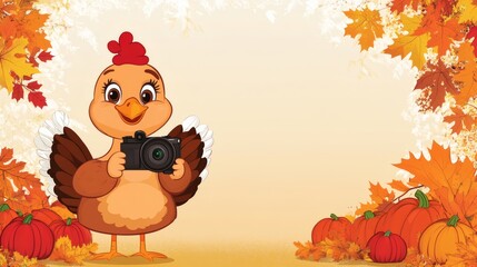 A cartoon chicken holding a camera in an autumn setting