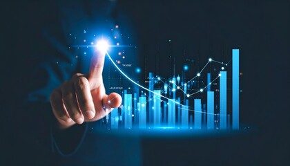 Businessman hand pointing finger to growth success finance business chart of metaverse technology financial graph investment diagram on analysis stock market background with digital economy exchange.
