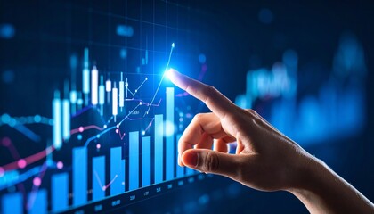 Businessman hand pointing finger to growth success finance business chart of metaverse technology financial graph investment diagram on analysis stock market background with digital economy exchange.