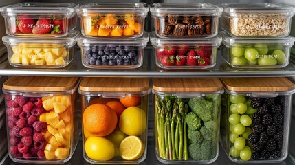 Organized refrigerator interior featuring labeled containers and fresh ingredients neatly arranged on clean shelves, symbolizing smart food storage, meal planning,modern kitchen hygiene safety concept