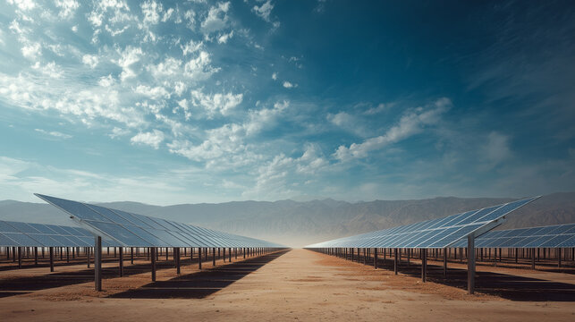 Harnessing solar energy desert landscape renewable energy installation clear sky perspective sustainability