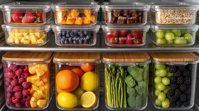 Organized refrigerator interior featuring labeled containers and fresh ingredients neatly arranged on clean shelves, symbolizing smart food storage, meal planning,modern kitchen hygiene safety concept - Powered by Adobe
