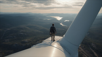 Adventurous climber on wind turbine blade scenic landscape aerial photography outdoors dynamic perspective