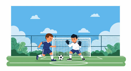 Adobe illustrator artwork vector illustration of two kids playing soccer, one dribbling and the other as a goalkeeper, on a sunny day. Perfect for sports, children, and healthy lifestyle themes.