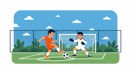 Fototapeta premium Adobe illustrator artwork vector illustration of two kids playing soccer, one dribbling and the other as a goalkeeper, on a sunny day. Perfect for sports, children, and healthy lifestyle themes.