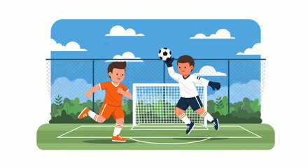 Fototapeta premium Adobe illustrator artwork vector illustration of two kids playing soccer, one dribbling and the other as a goalkeeper, on a sunny day. Perfect for sports, children, and healthy lifestyle themes.