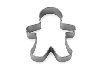 Metal gingerbread man cookie cutter gleaming against transparent backdrop, preparing festive holiday baking