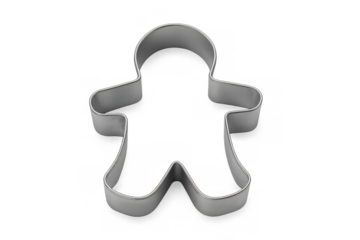 Metal gingerbread man cookie cutter gleaming against transparent backdrop, preparing festive holiday baking
