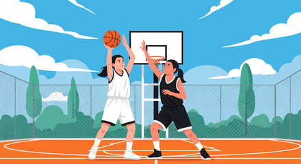 Adobe illustrator artwork vector illustration of two girls playing basketball outdoors, one shooting the ball while the other defends. Ideal for sports, youth activities, and active lifestyle themes. © Amie