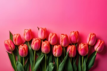 Obraz premium Bunch of pink tulip flowers on pastel pink background. Floral flat lay, top view layout with copy space perfect for Valentine Day, Easter, Birthday, Women Mothers Day. Romantic gift, invitation card.