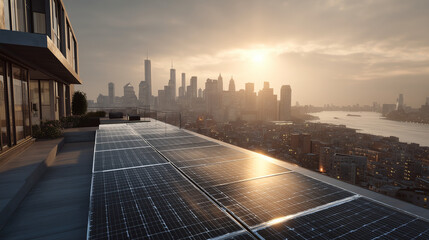 Solar energy panels capturing sunlight at rooftop in urban landscape city skyline environment inspirational concept