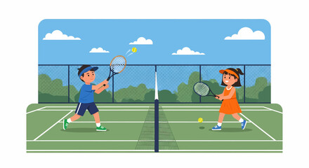 Fototapeta premium Adobe illustrator artwork vector illustration of two kids playing tennis, a boy hitting the ball and a girl ready to return. Ideal for sports, children's activities, and healthy lifestyle themes.