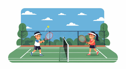 Adobe illustrator artwork vector illustration of two kids playing tennis, a boy hitting the ball and a girl ready to return. Ideal for sports, children's activities, and healthy lifestyle themes.