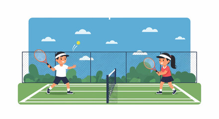 Adobe illustrator artwork vector illustration of two kids playing tennis, a boy hitting the ball and a girl ready to return. Ideal for sports, children's activities, and healthy lifestyle themes.