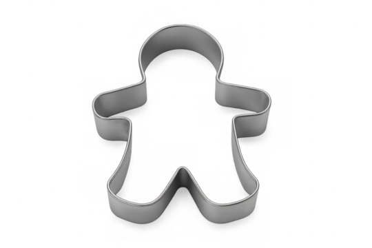 Metal gingerbread man cookie cutter gleaming against transparent backdrop, preparing festive holiday baking